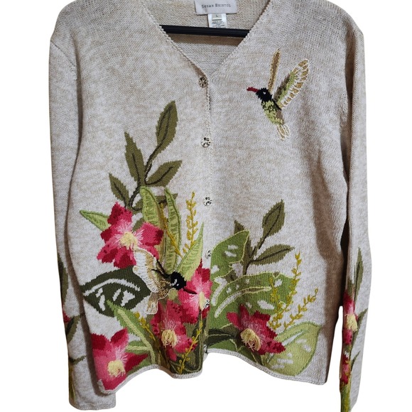 Susan Bristol Cardigan Sweater Womens L Floral Hummingbird Embroidered Knit - Picture 1 of 16